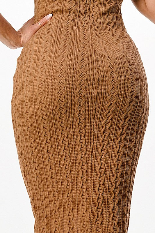 Textured Bodycon High Neck Midi Dress