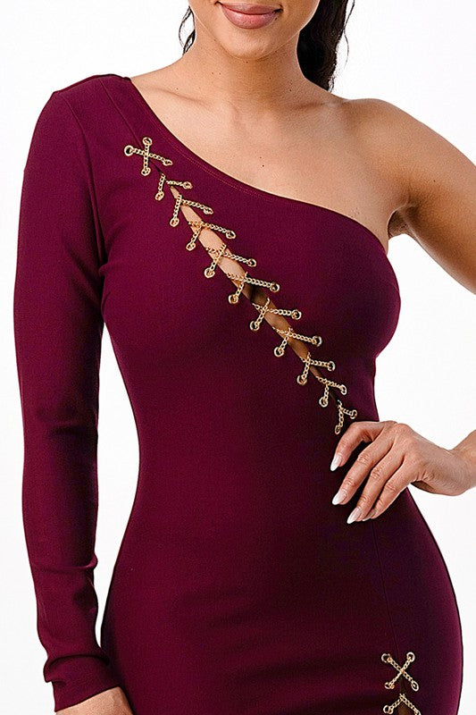 One Shoulder Chain Stitched Mini Dress