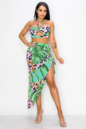 Sexy Tropical Print Maxi Tie Skirt Set