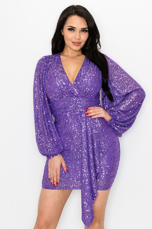 Sequence Long Sleeve Dress With V Neck