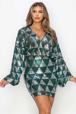 Sequence Long Sleeve Dress with Triangle Pattern