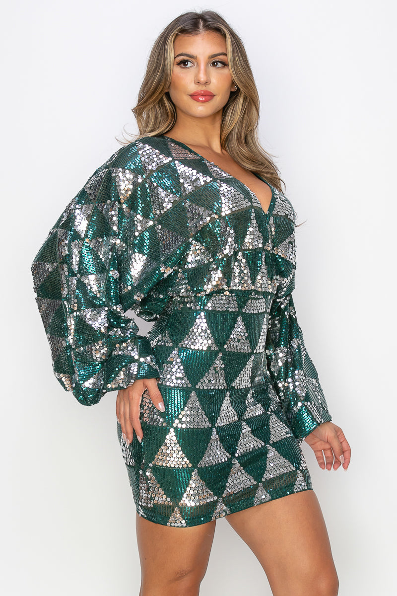 Sequence Long Sleeve Dress with Triangle Pattern