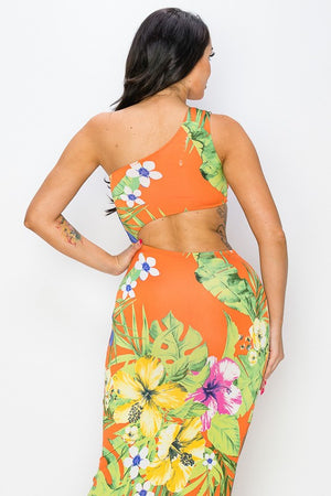 Tropical One Shoulder Cut Out Maxi Dress