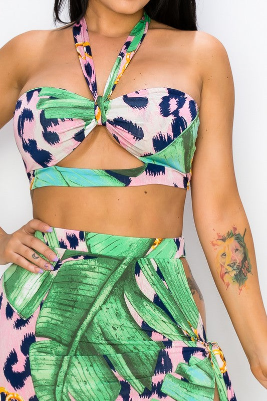 Sexy Tropical Print Maxi Tie Skirt Set