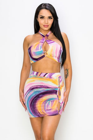 Swirl Print Halter Mini Skirt Set