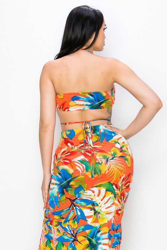 Tropical Print Halter & Midi Skirt Set